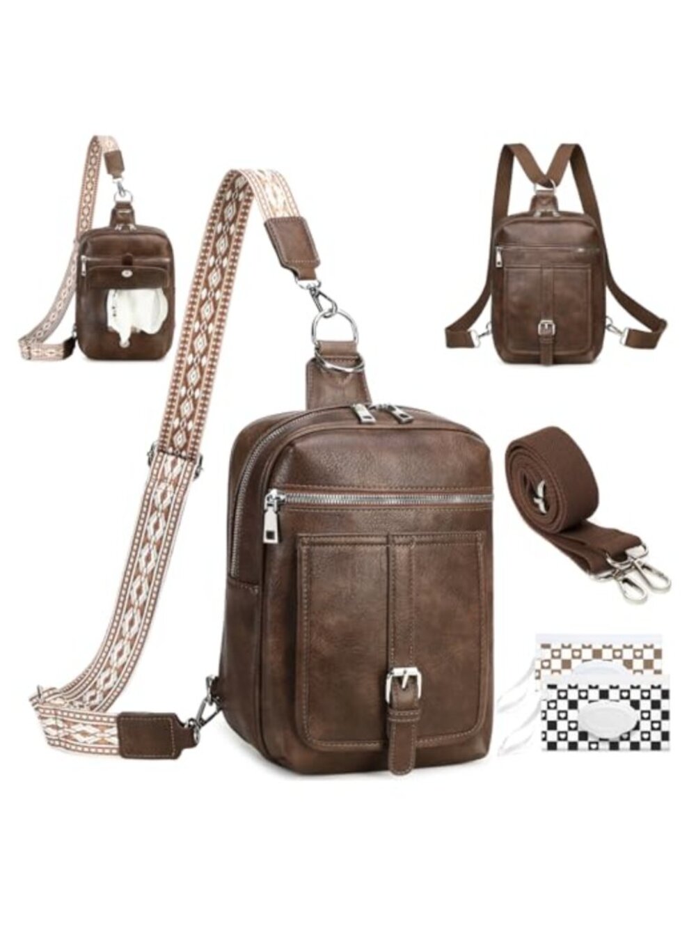 2-in-1 Leather Sling Backpack Crossbody Bag with 2 Removable Straps